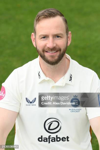 Mark Stoneman of Middlesex poses for a portrait in the Vitality Championship kit during the Middlesex CCC photocall at Lord's Cricket Ground on April...