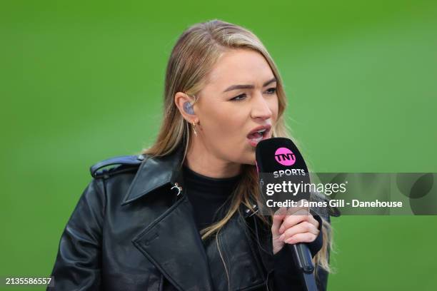 Sports pundit Laura Woods prior to the Premier League match between Newcastle United and Everton FC at St. James Park on April 02, 2024 in Newcastle...