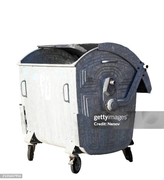 industrial garbage bin isolated on white background - pattumiera a rotelle foto e immagini stock