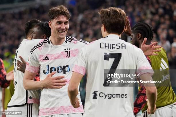 Federico Chiesa of Juventus FC and Dušan Vlahović of Juventus FC celebrate during the Coppa Italia semi-final match between Juventus FC and SS Lazio...