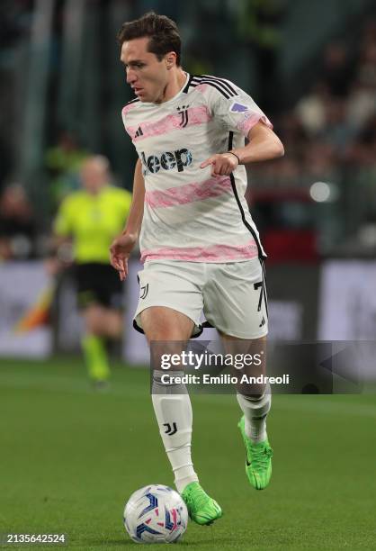 Federico Chiesa of Juventus in action during the Coppa Italia Semi-Final match between Juventus and SS Lazio at Allianz Stadium on April 02, 2024 in...