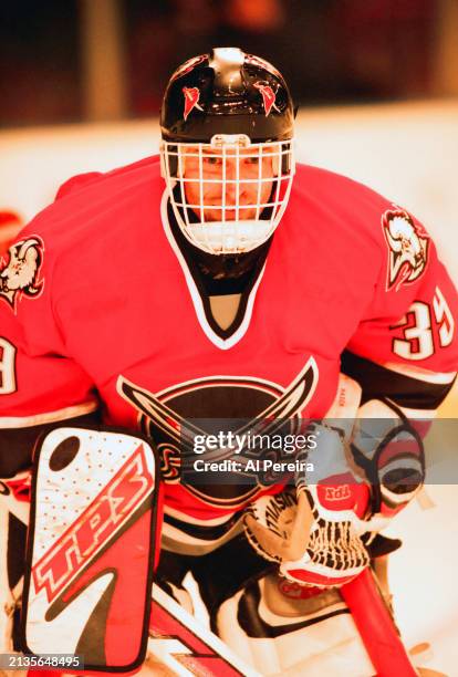 Goaltender Dominik Hasek of the Buffalo Sabres awaits a shot on goal in the game between the Buffalo Sabres vs the New York Rangers at Madison Square...