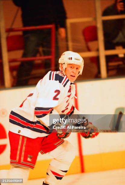 Defenseman Brian Leetch of the New York Rangers follows the play in the game between the Buffalo Sabres vs the New York Rangers at Madison Square...