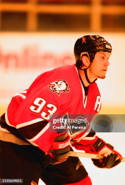 Center Doug Gilmour of the Buffalo Sabres follows the play in the game between the Buffalo Sabres vs the New York Rangers at Madison Square Garden on...