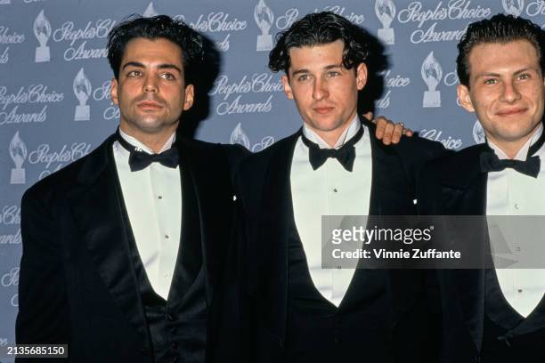 American actor Richard Grieco, American actor Patrick Dempsey, and American actor Christian Slater. All dressed in tuxedos and bow ties, in the 17th...