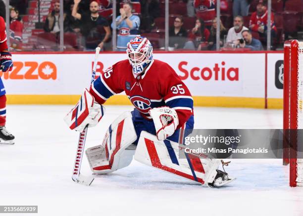 Sam Montembeault of the Montreal Canadiens tends the net during the third period against the Florida Panthers at the Bell Centre on April 2, 2024 in...