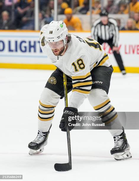 Pavel Zacha of the Boston Bruins skates against the Nashville Predators during an NHL game at Bridgestone Arena on April 2, 2024 in Nashville,...