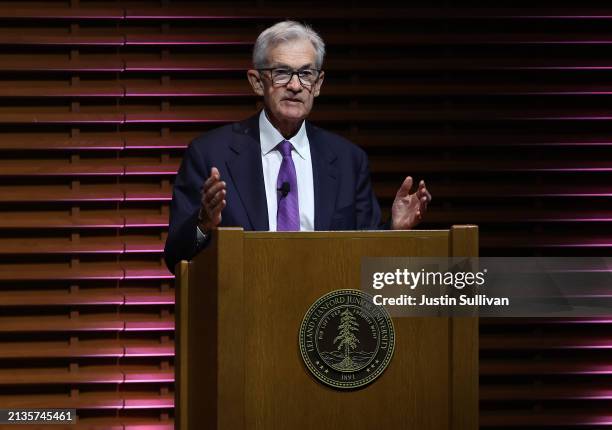 Federal Reserve Bank Chair Jerome Powell speaks during the Stanford Business, Government and Society Forum at Stanford University on April 03, 2024...