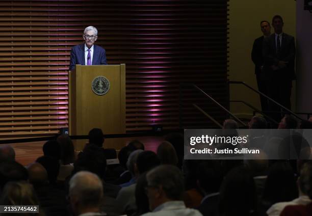 Federal Reserve Bank Chair Jerome Powell speaks during the Stanford Business, Government and Society Forum at Stanford University on April 03, 2024...