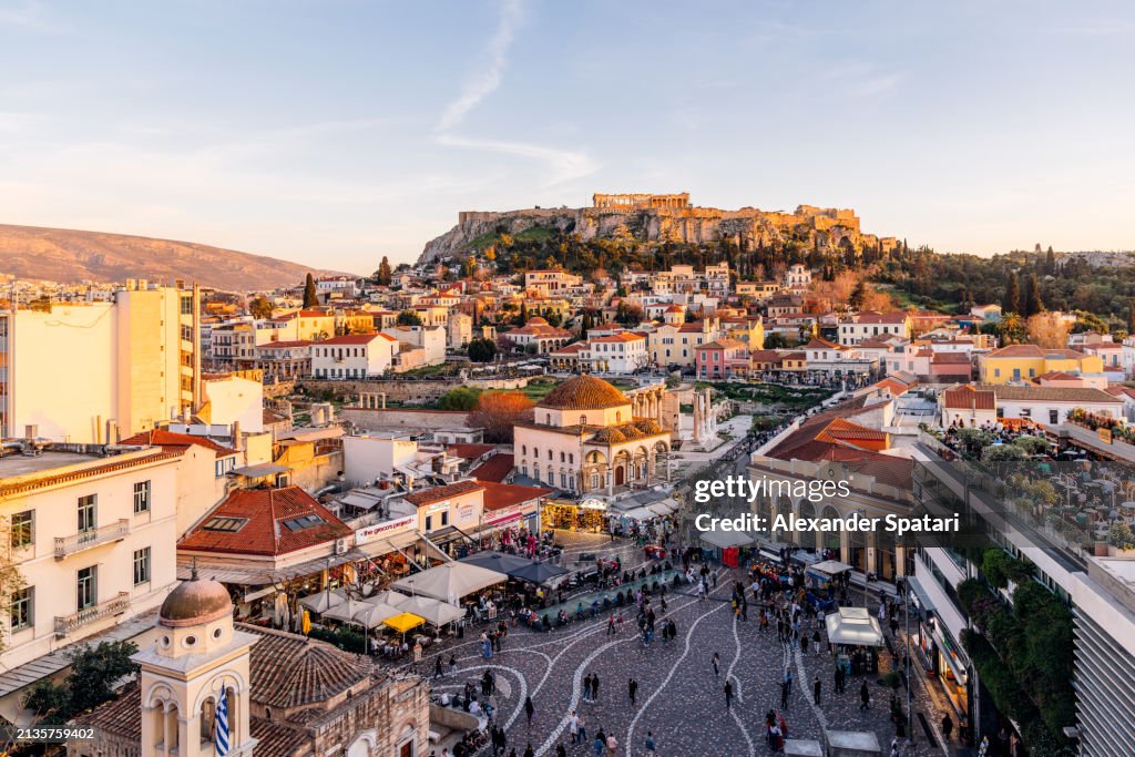 Athens cityscape with Monastiraki square and Acropolis, Greece