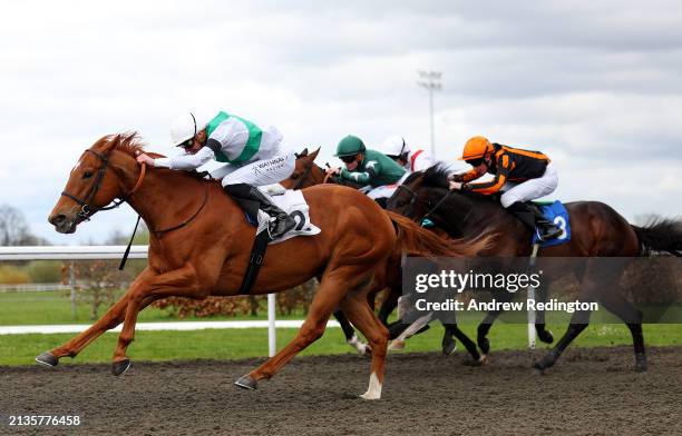 James Doyle riding Mighty Nebula to victory in the Unibet More Boosts In More Races Maiden Stakes at Kempton Park on April 03, 2024 in Sunbury,...