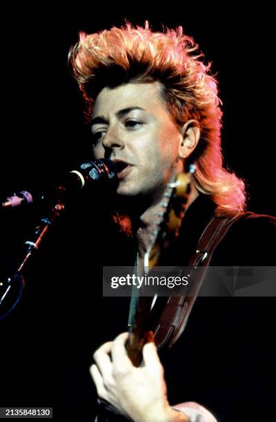 American guitarist Brian Setzer, of the American rockabilly band Stray Cats, performs on stage during a concert in Los Angeles, California, circa...