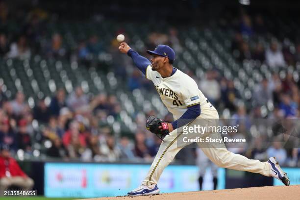 Joe Ross of the Milwaukee Brewers throws a pitch during the first inning against the Minnesota Twins at American Family Field on April 03, 2024 in...