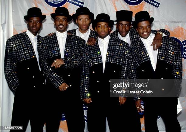 American singers Johnny Gill, Ralph Tresvant, Ronnie DeVoe, Michael Bivins, Bobby Brown and Rickey Bell, of the American R&B/pop group New Edition,...