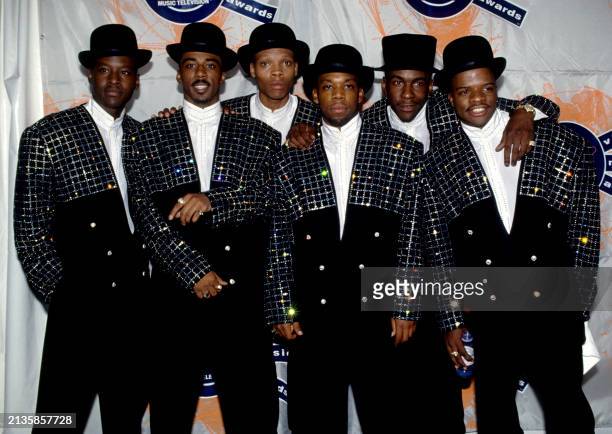 American singers Johnny Gill, Ralph Tresvant, Ronnie DeVoe, Michael Bivins, Bobby Brown and Rickey Bell, of the American R&B/pop group New Edition,...