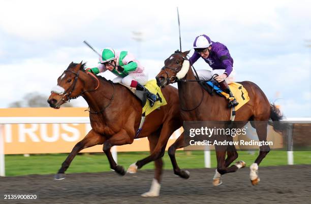 Oisin Murphy riding Celtic Warrior to victory in the Unibet Additional Maiden Stakes at Kempton Park on April 03, 2024 in Sunbury, England.