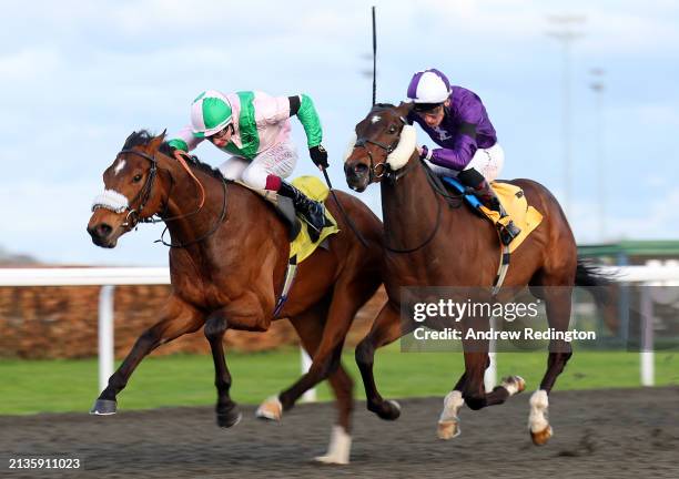 Oisin Murphy riding Celtic Warrior to victory in the Unibet Additional Maiden Stakes at Kempton Park on April 03, 2024 in Sunbury, England.