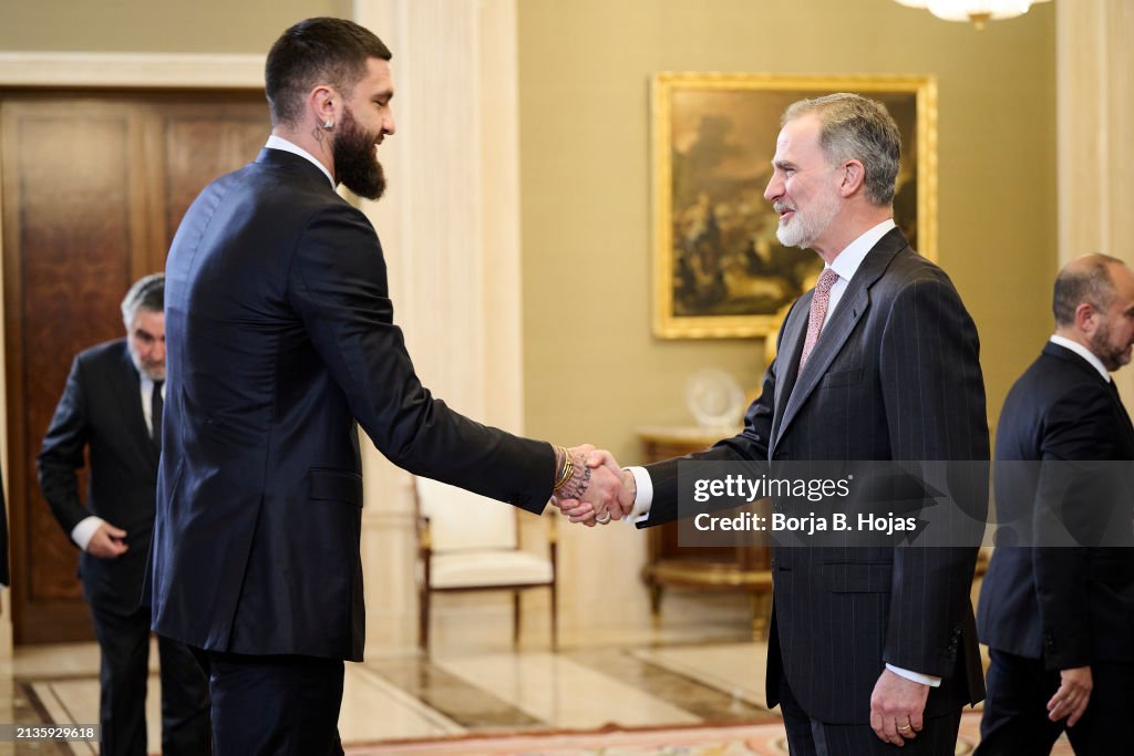 King Felipe Of Spain Receives The Real Madrid Basketball Team As The King's Cup Winner