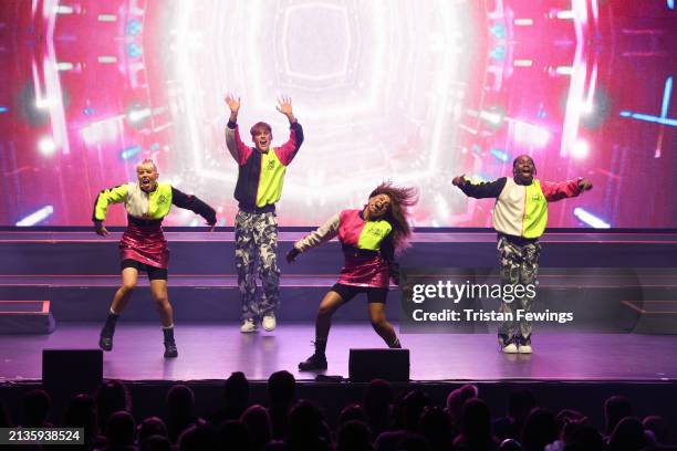 Kids perform on stage during the Kidz Bop Never Stop Live tour on April 03, 2024 in London, England.