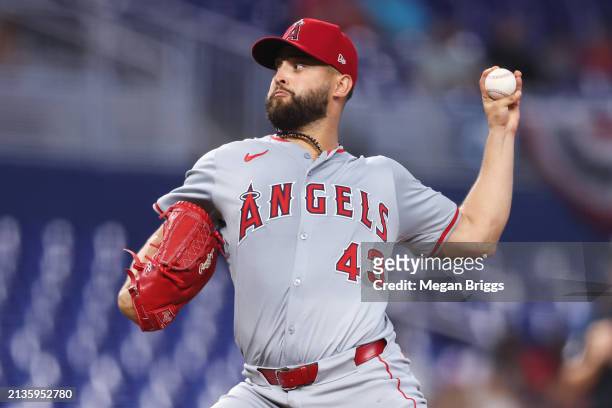 Patrick Sandoval of the Los Angeles Angels pitches against the Miami Marlins during the first inning of the game at loanDepot park on April 03, 2024...