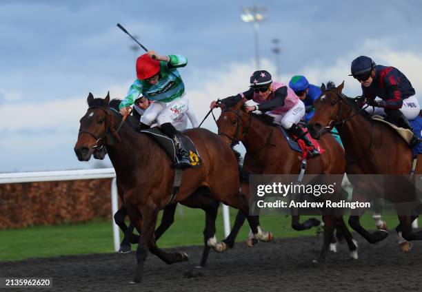 Finley Marsh riding Zero Carbon to victory in the Try Unibet's Improved Bet Builder Handicap at Kempton Park on April 03, 2024 in Sunbury, England.