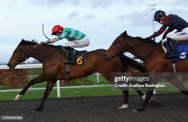 Finley Marsh riding Zero Carbon to victory in the Try Unibet's Improved Bet Builder Handicap at Kempton Park on April 03, 2024 in Sunbury, England.