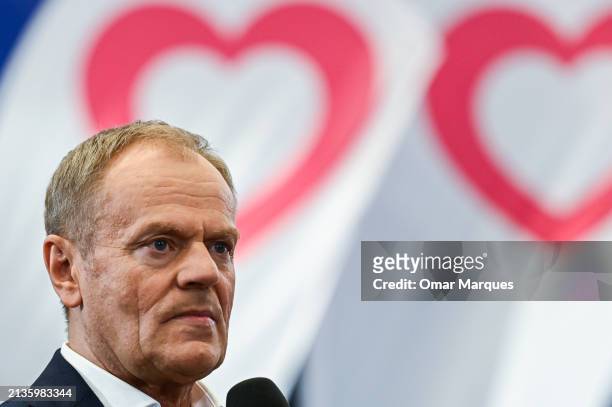 Poland's Prime Minister, Donald Tusk delivers a speech as he takes part in a campaign rally ahead of the Polish local elections on April 03, 2024 in...