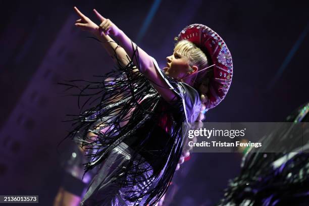 Kids perform on stage during the Kidz Bop Never Stop Live tour on April 03, 2024 in London, England.