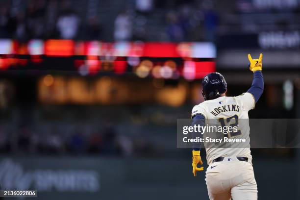 Rhys Hoskins of the Milwaukee Brewers runs the bases following a home run against the Minnesota Twins during the fourth inning at American Family...