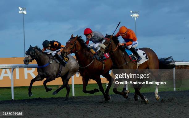 Kieran O'Neill riding She's Centimental to victory in the Unibet Support Safe Gambling Fillies' Handicap at Kempton Park on April 03, 2024 in...