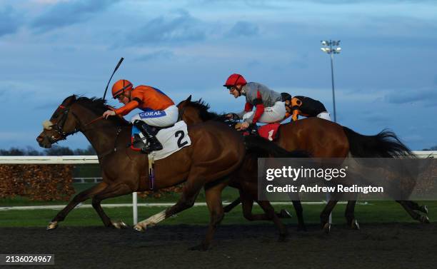 Kieran O'Neill riding She's Centimental to victory in the Unibet Support Safe Gambling Fillies' Handicap at Kempton Park on April 03, 2024 in...