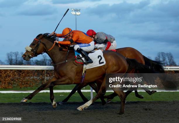 Kieran O'Neill riding She's Centimental to victory in the Unibet Support Safe Gambling Fillies' Handicap at Kempton Park on April 03, 2024 in...