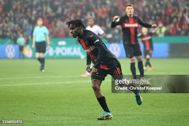 Jeremie Frimpong of Bayer Leverkusen celebrates scoring his team's first goal during the DFB cup semifinal match between Bayer 04 Leverkusen and...