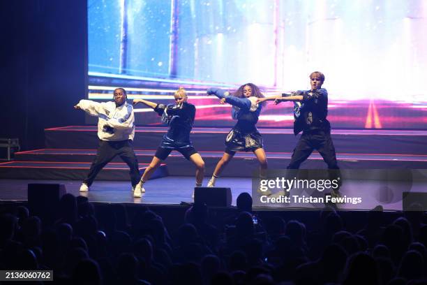 Kids perform on stage during the Kidz Bop Never Stop Live tour on April 03, 2024 in London, England.