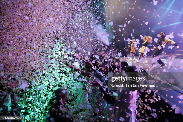 Kids perform on stage during the Kidz Bop Never Stop Live tour on April 03, 2024 in London, England.