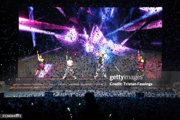 Kids perform on stage during the Kidz Bop Never Stop Live tour on April 03, 2024 in London, England.
