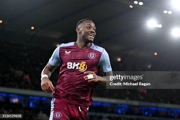 Jhon Duran of Aston Villa celebrates scoring his team's first goal during the Premier League match between Manchester City and Aston Villa at Etihad...