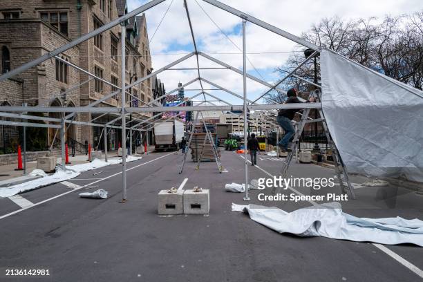 Construction continues for the upcoming NFL draft in downtown on April 03, 2024 in Detroit, Michigan. As the city prepares for the festivities and...