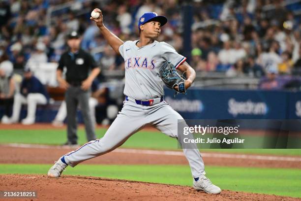 Jose Leclerc of the Texas Rangers delivers a pitch to the Tampa Bay Rays in the ninth inning at Tropicana Field on April 03, 2024 in St Petersburg,...