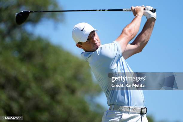 Rory McIlroy of Northern Ireland plays his shot from the second tee during a practice round prior to the Valero Texas Open at TPC San Antonio on...