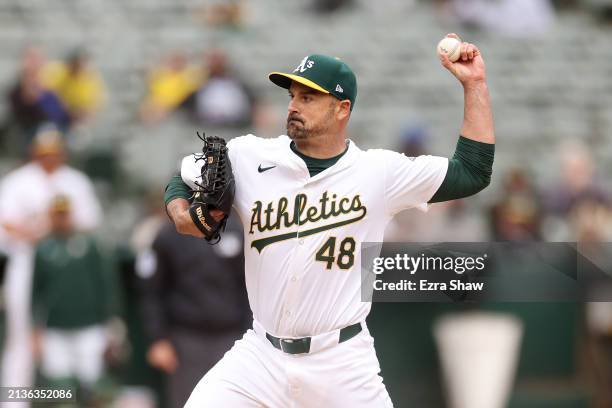McFarland of the Oakland Athletics pitches against the Boston Red Sox in the eighth inning at Oakland Coliseum on April 3, 2024 in Oakland,...