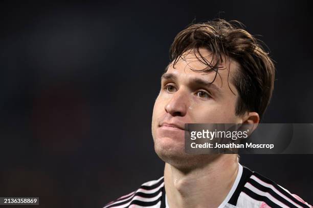 Federico Chiesa of Juventus reacts during the Coppa Italia Semi Final match between Juventus FC and SS Lazio at Allianz Stadium on April 02, 2024 in...