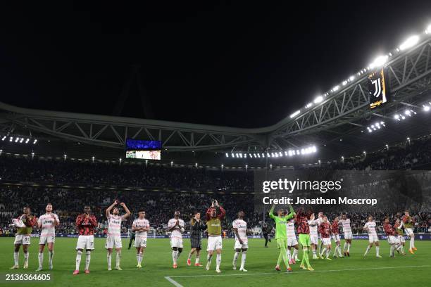 Juventus players celebrate the 2-0 victory following the final whistle of the Coppa Italia Semi Final match between Juventus FC and SS Lazio at...