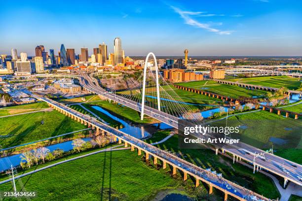 bridge to downtown dallas - trinity river dallas stock pictures, royalty-free photos & images