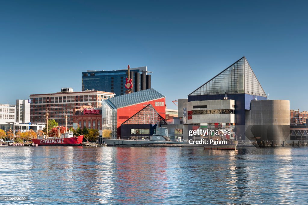 Baltimore Maryland downtown city skyline and Inner Harbour by the Patapsco River