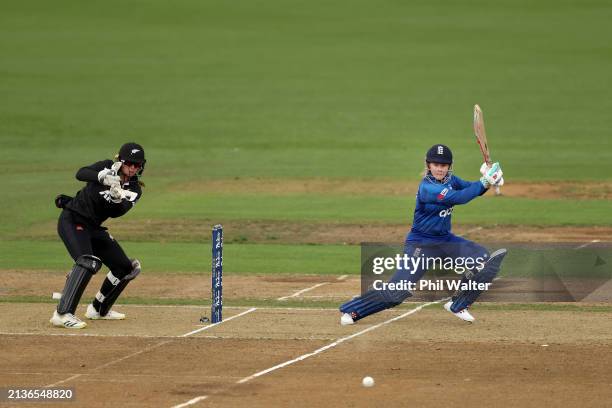 Tammy Beaumont of England bats during game two of the One Day International series between New Zealand and England at Seddon Park on April 04, 2024...