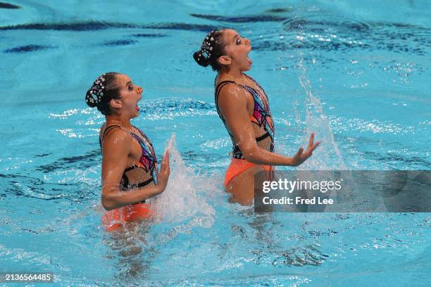 Camila Argumedo Gomez and Carolina Arzate Carbia of Mexico compete in the Women's Duet Technical Preliminaries on day two of The World Aquatics...