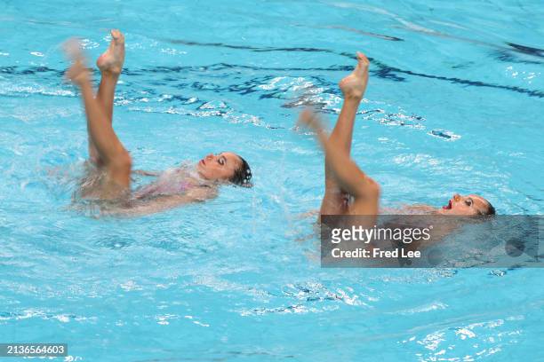 Camila Argumedo Gomez and Carolina Arzate Carbia of Mexico compete in the Women's Duet Technical Preliminaries on day two of The World Aquatics...