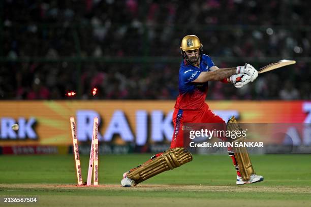 Royal Challengers Bengaluru's Glenn Maxwell is is clean bowled during the Indian Premier League Twenty20 cricket match between Rajasthan Royals and...