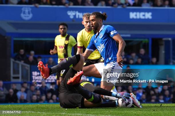 Burnley goalkeeper Arijanet Muric makes a save from Everton's Dominic Calvert-Lewin during the Premier League match at Goodison Park, Liverpool....